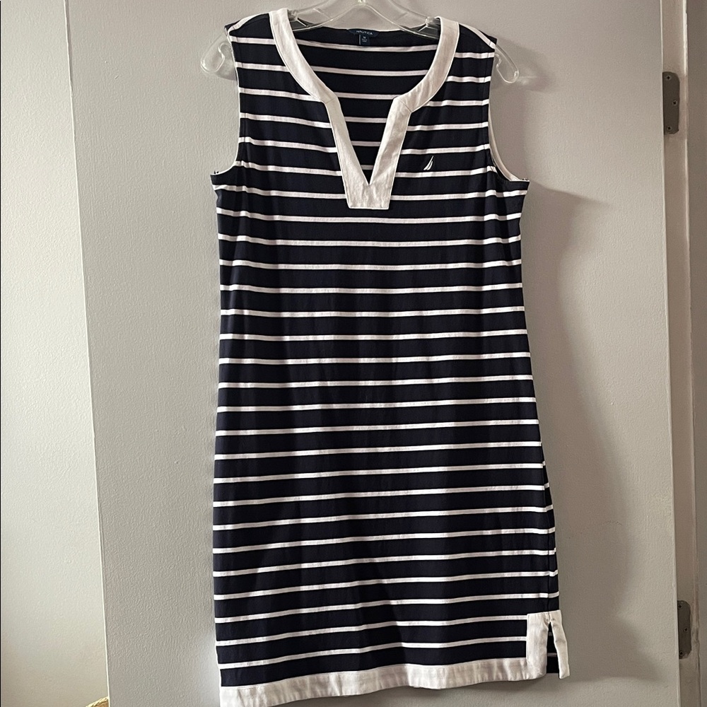 Nautica Navy and White Striped 95% cotton sleeveless dress - Size M